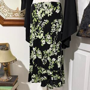 VTG Y2K Susan Lawrence Black & Green Slinky Floral High-Low Ruffle Midi Skirt S